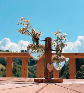 zwei Glasvasen mit Blumen auf dem Tisch in der Unterkunft Rivendell Resort Poiana Marului in Poiana Mărului