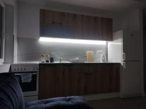 a kitchen with a stove and a white refrigerator at Joma in Mali Mokri Lug