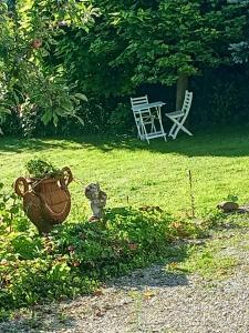 um jardim com um vaso e uma cadeira na relva em Casa Nemea em Neuenegg