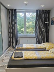 a bedroom with two beds in front of a window at Apartmán Bratislava centrum in Bratislava