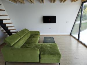 バニャ・ルカにあるVilla Vistaのリビングルーム(緑のソファ、テレビ付)