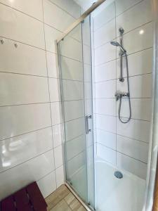W łazience znajduje się prysznic ze szklanymi drzwiami. w obiekcie Tropikalny Zakątek w Sarbinowie