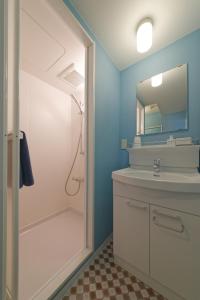 y baño con ducha, lavabo y espejo. en Wallaby House en Kawaguchi
