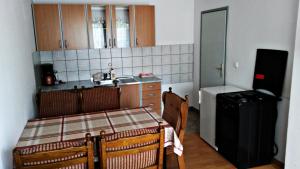 a kitchen with a table and a sink and a refrigerator at House Jole in Drežnik Grad