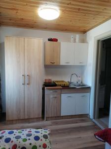 eine Küche mit Holzschränken und einem Waschbecken in der Unterkunft Apartmani Perosevic in Danilovgrad