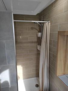 a bathroom with a shower curtain and a tub at appartement 2 pieces ,paris proche in Saint-Ouen