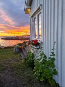 ein Haus mit Blumen auf der Seite in der Unterkunft Charming beach house in Moss