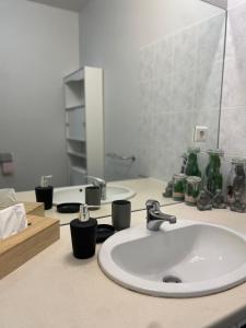 La salle de bains est pourvue d'un lavabo et d'un miroir. dans l'établissement Appartement calme au cœur de la ville, à Lons-le-Saunier