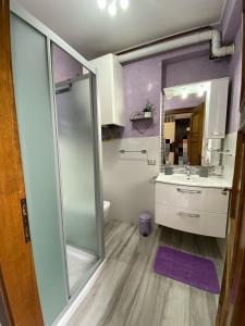 La salle de bains est pourvue d'une douche, d'un lavabo et d'un miroir. dans l'établissement Appartamento “La casetta di Mirto”, à Porlezza