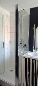 La salle de bains est pourvue d'une douche et d'un lavabo. dans l'établissement vue sur Rhône, à Lyon