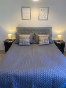 a large blue bed in a bedroom with two lamps at Colchester Smart Two Bed Apartment in Colchester