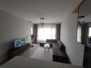 sala de estar con sofá y TV en A new Flat close to Nata Vega, en Mamak