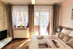 una camera con un grande letto e una grande finestra di Modern Apartment SANDY BEACH down town, aquapark, free parking a Cracovia