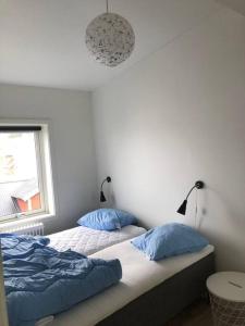 1 dormitorio con 2 camas con almohadas azules y ventana en Ruba Apartments - Downtown - Marina - Old Town - Tórshavn, en Tórshavn