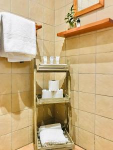 a bathroom with a shelf with towels and towels at 10VDW Self Catering Apartments in Durbanville