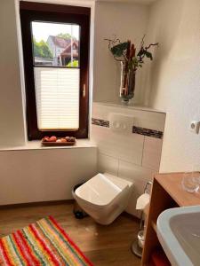 łazienka z toaletą i oknem w obiekcie FeWo Ostsee Oase - gemütlich, ländlich, WLAN w mieście Marlow