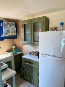 a kitchen with green cabinets and a white refrigerator at Tiny Big House in Fanari