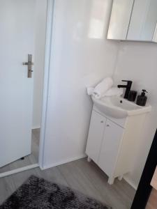a white bathroom with a sink and a mirror at Hausboat David in Hrdoňov