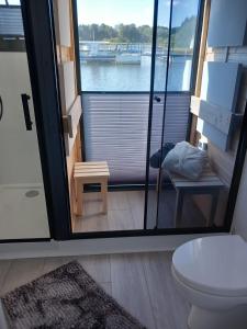 a bathroom with a toilet and a view of the water at Hausboat David in Hrdoňov