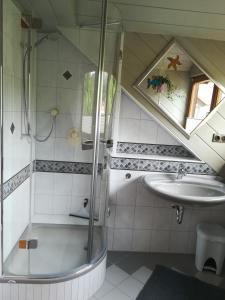 a bathroom with a shower and a sink at Ferienwohnung Hopfengärtner in Hiltpoltstein