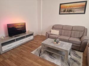 een woonkamer met een bank en een flatscreen-tv bij Apartment Emma in Liezen