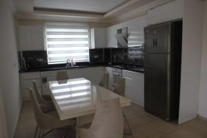 La cuisine est équipée d'une table et d'un réfrigérateur en acier inoxydable. dans l'établissement Villa, à Belek