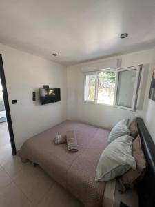 ein Schlafzimmer mit einem Bett mit zwei Kissen und einem TV in der Unterkunft Mini Villa 30 m2 max 4 personnes in Ensuès-la-Redonne