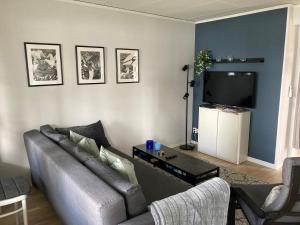 sala de estar con sofá y TV de pantalla plana en Rämsbyns fritidsby, nära Romme Alpin, en Idkerberget