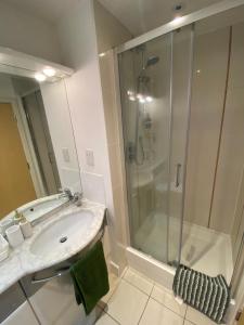 uma casa de banho com um lavatório e um chuveiro em The Wimbledon Apartment em Raynes Park
