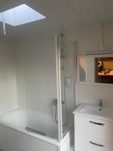 La salle de bains blanche est pourvue d'une douche et d'un lavabo. dans l'établissement Maison proche centre-ville, à Cholet