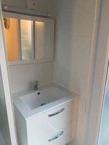 a bathroom with a white sink and a mirror at Maison proche centre-ville in Cholet
