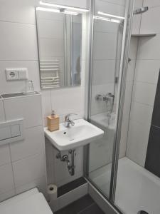 a bathroom with a sink and a shower at Gästehaus Weber in Rodgau