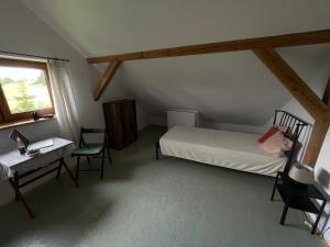 Schlafzimmer mit einem Bett, einem Schreibtisch und einem Fenster in der Unterkunft Dom Coacha i Mentora in Wysowa-Zdrój