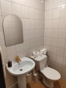 La salle de bains blanche est pourvue de toilettes et d'un lavabo. dans l'établissement Pokój dla dwóch osób z prywatną łazienką - Piotrkowska 262-264 pok 315, à Łódź