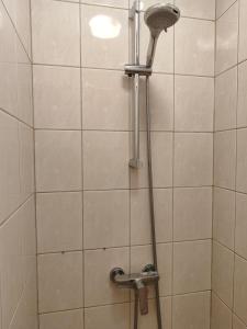 a shower with a shower head in a bathroom at Pokój dla dwóch osób z prywatną łazienką - Piotrkowska 262-264 pok 315 in Łódź