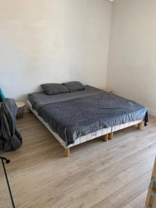 ein Schlafzimmer mit einem Bett in einem weißen Zimmer in der Unterkunft Appartement à 15min de la mer in Montblanc