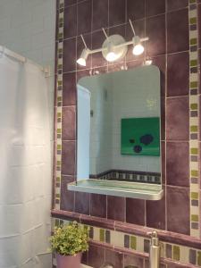 Preciosa casa de pueblo “La fontita 5” في فيلا بلانكا: مرآة على جدار البلاط في الحمام