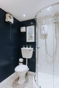 a bathroom with a toilet and a shower at 3 Bed Boutique Holiday Home in Town Centre in Tavistock