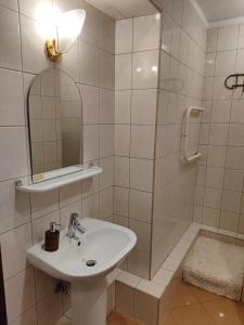 een badkamer met een wastafel, een spiegel en een douche bij Pokój jednoosobowy z prywatną łazienką - Piotrkowska 262-264 pok 302 in Łódź