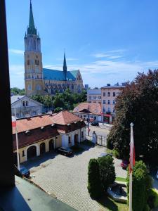 vista su una città con un grande edificio e una chiesa di Pokój jednoosobowy z prywatną łazienką - Piotrkowska 262-264 pok 302 a Łódź