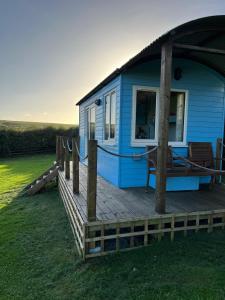 a blue house with a wooden deck in the grass at Reef Shepherds Hut in Penally