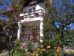 Un bâtiment blanc avec des fleurs devant lui dans l'établissement Vila Mikdonia - Predelut Home, à Predeluţ