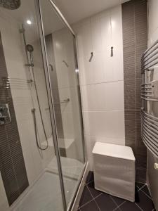 ein Bad mit einer Dusche mit einer Duschkabine aus Glas in der Unterkunft Comfortable in Cannes in Cannes
