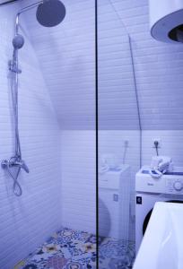 een badkamer met een douche en een wasmachine bij Panorama Racha in Ambrolauri