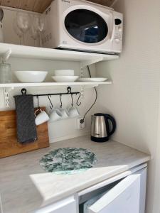 a kitchen with a microwave and a counter at Sea view chalet in Hjälteby