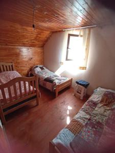 an attic room with two beds and a window at MOUNTAIN HOUSE in Roshka