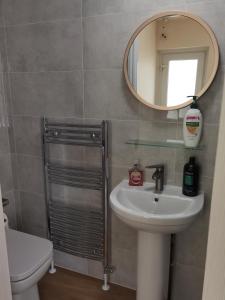 y baño con lavabo, espejo y aseo. en Entire 2 bedroom Apt in central location, Newly Refurbished, en Plymouth