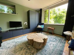 ein Wohnzimmer mit einem Couchtisch aus Holz und einem TV in der Unterkunft Ivy Cottage near Amsterdam in Oudendijk