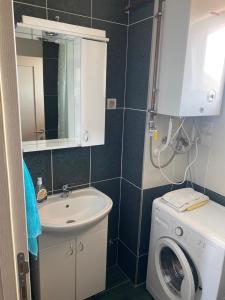 ein Badezimmer mit einer Waschmaschine und einem Waschbecken in der Unterkunft Hotel centar in Gornji Milanovac