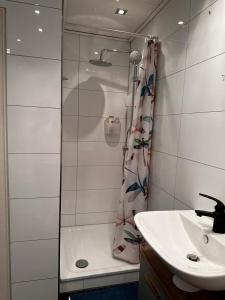a bathroom with a shower and a sink at A&V Apartments Wunderschöne Rheinblick Wohnung zum entspannen in Duisburg